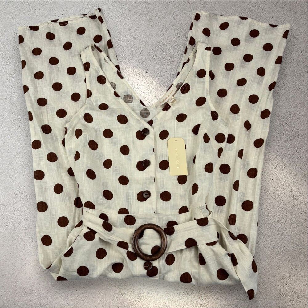 NWT Monteau Polka Dot Jumpsuit Women's M Cream Belted Linen Boho Beach Lagenlook